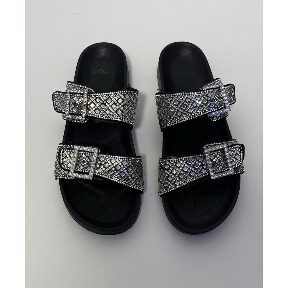 Madden NYC Bejeweled Sandals Women Size 9 Black Buckle Slip On Slides Bling